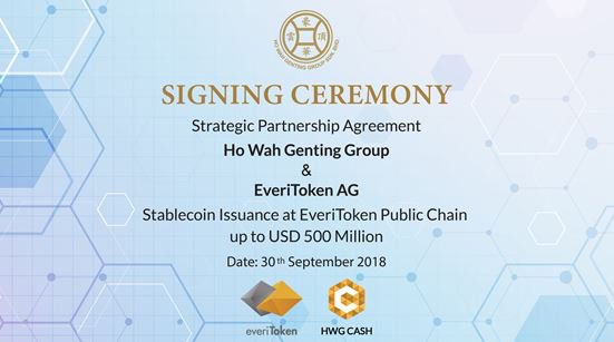 500 Million HWG Cash will be issued on everiToken public chain – Ho Wah Genting Group signed a strategic agreement with everiToken